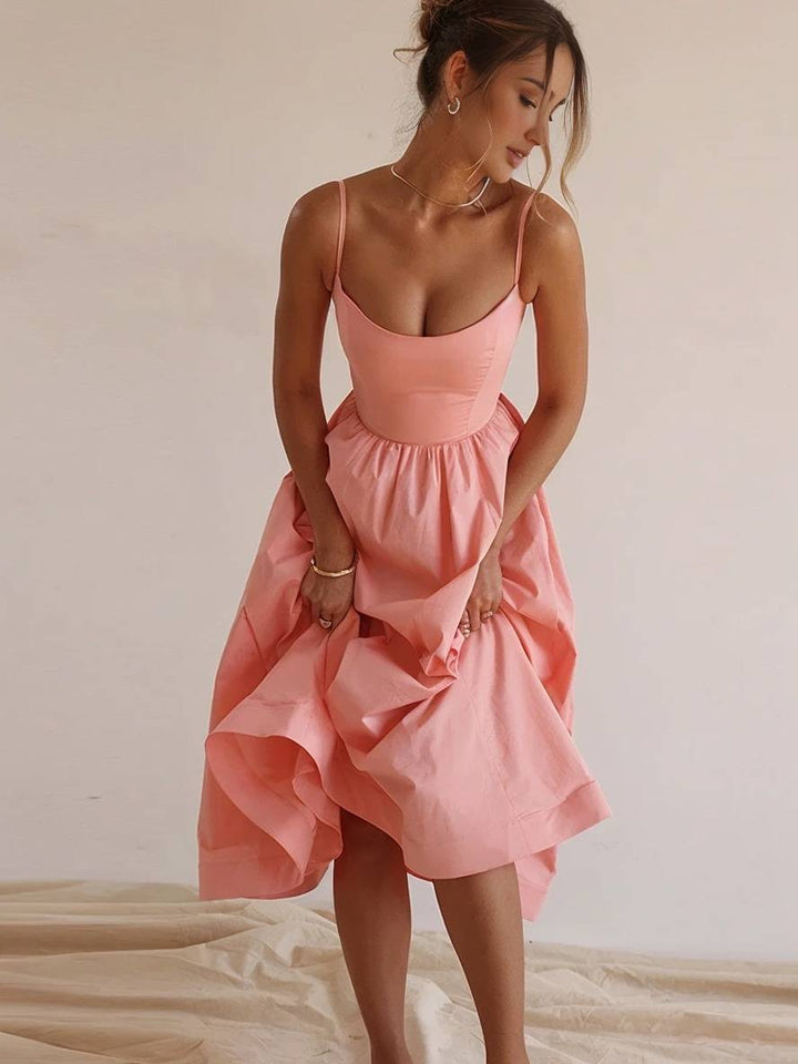 Levoire | Robe Midi A-Ligne Unie Fluide Sans Bretelles Dos Nu À Fines Bretelles Sans Manches Pour Femmes Élégante Mode Cocktail Rosa