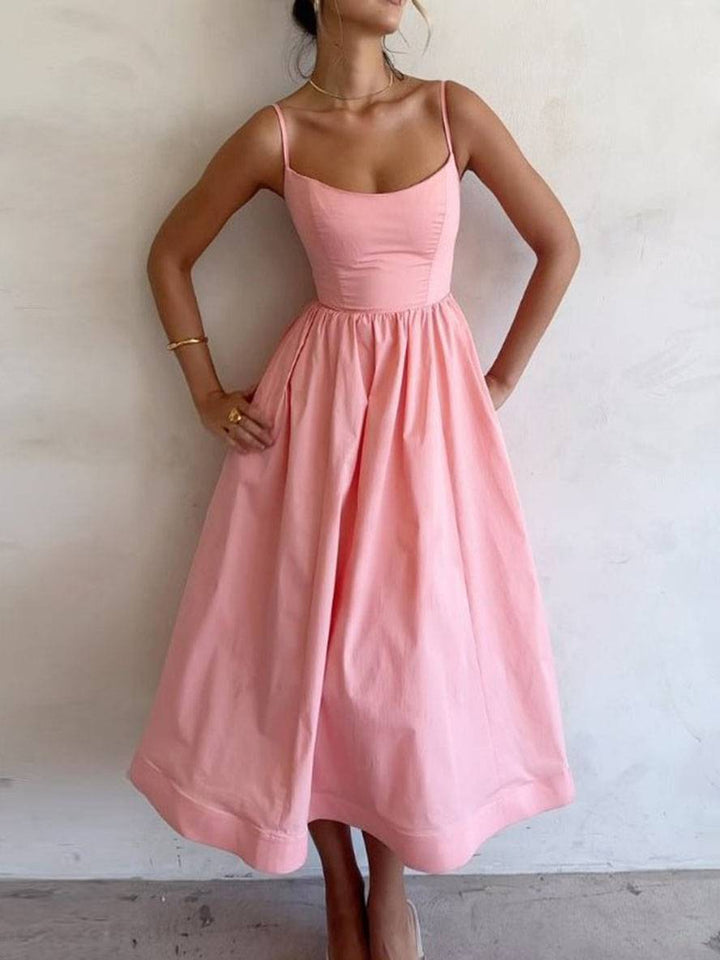 Levoire | Robe Midi A-Ligne Unie Fluide Sans Bretelles Dos Nu À Fines Bretelles Sans Manches Pour Femmes Élégante Mode Cocktail