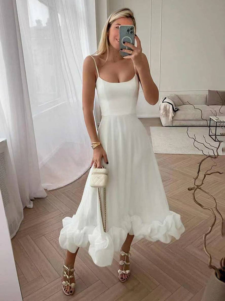 Levoire | Robe Mi-Longue A-Ligne Avec Volants Bustier Avec Fines Bretelles Sans Manches Femme Élégant Doux Cocktail Prom Blanc