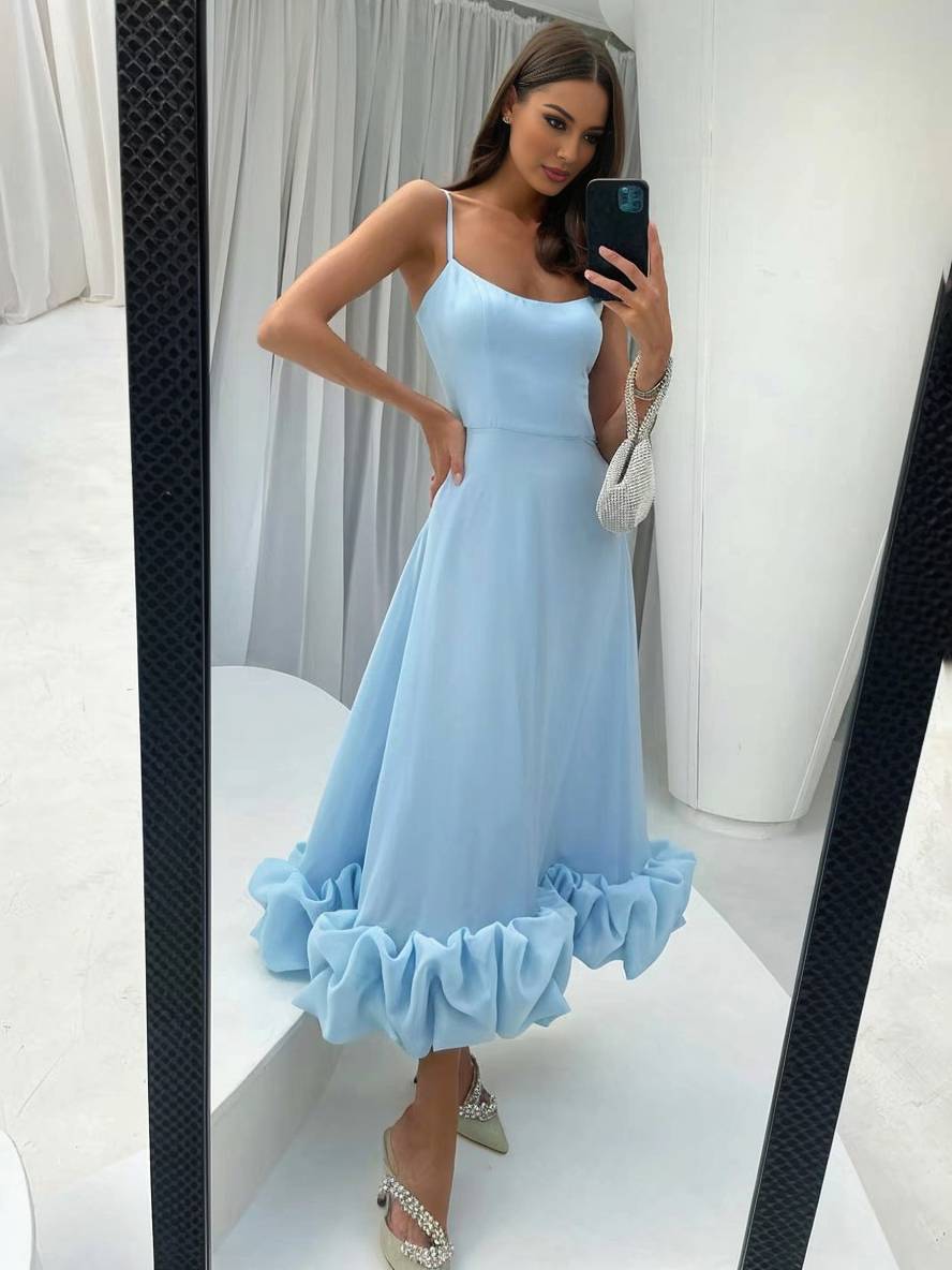 Levoire | Robe Mi-Longue A-Ligne Avec Volants Bustier Avec Fines Bretelles Sans Manches Femme Élégant Doux Cocktail Prom Bleu ciel