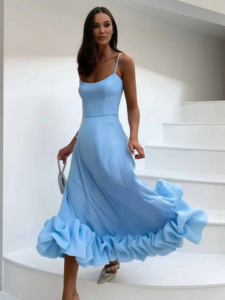 Levoire | Robe Mi-Longue A-Ligne Avec Volants Bustier Avec Fines Bretelles Sans Manches Femme Élégant Doux Cocktail Prom