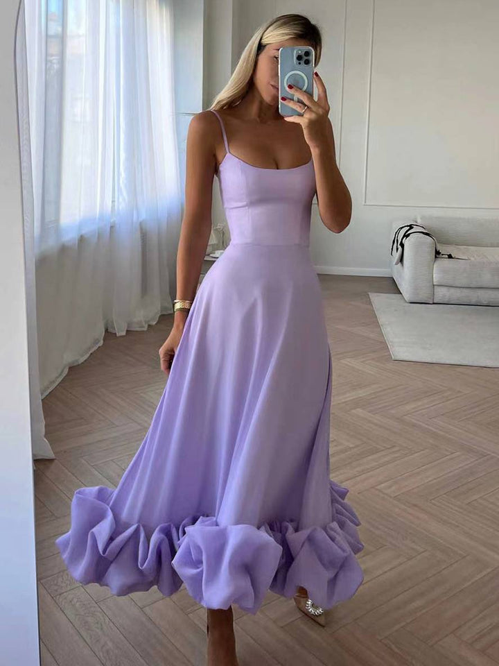 Levoire | Robe Mi-Longue A-Ligne Avec Volants Bustier Avec Fines Bretelles Sans Manches Femme Élégant Doux Cocktail Prom