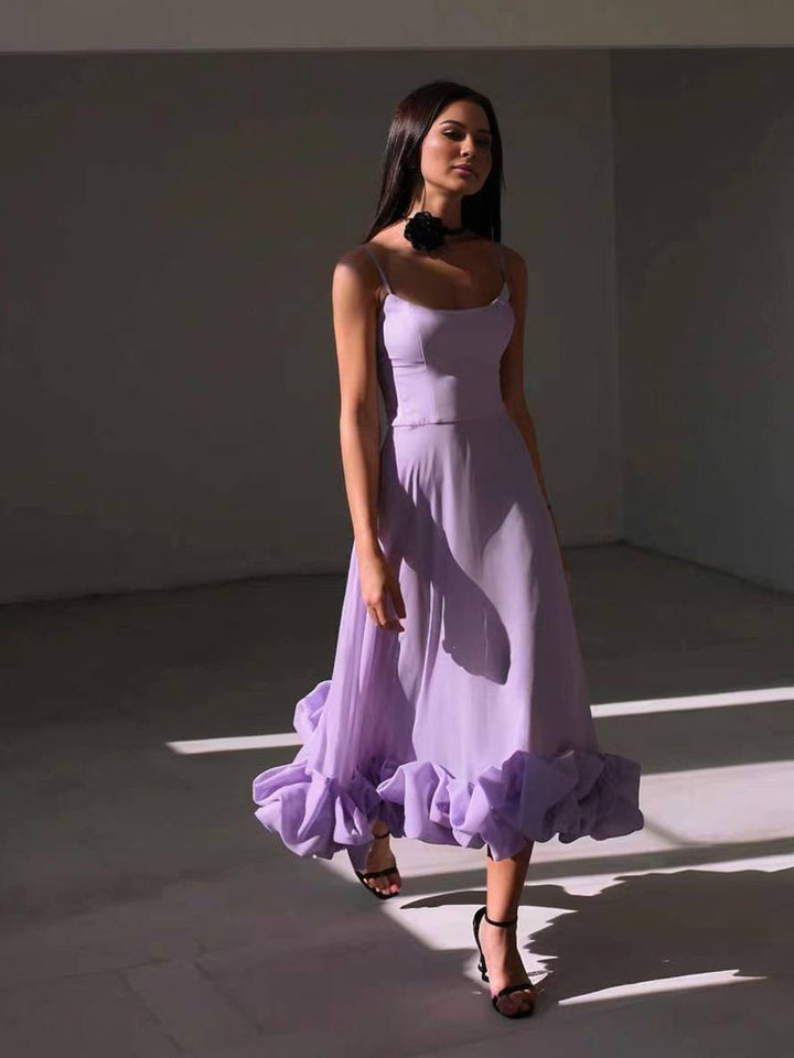 Levoire | Robe Mi-Longue A-Ligne Avec Volants Bustier Avec Fines Bretelles Sans Manches Femme Élégant Doux Cocktail Prom