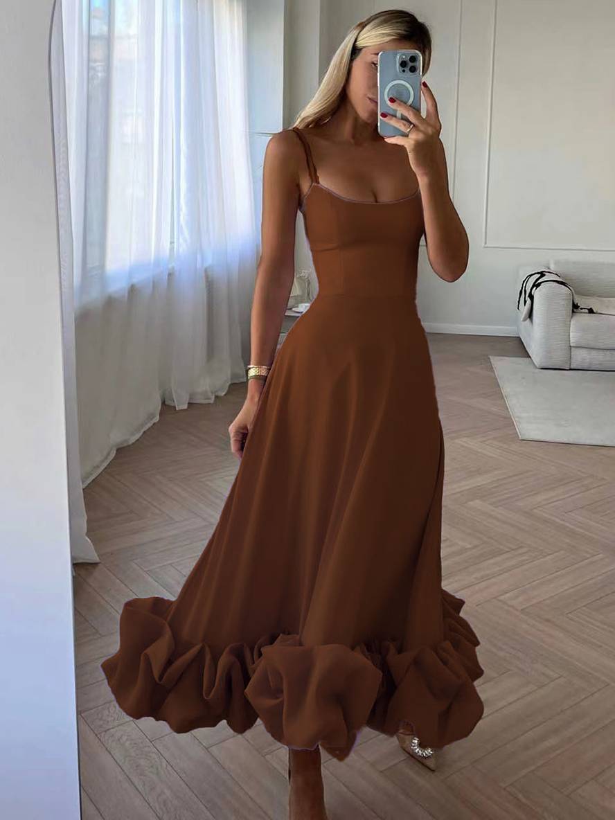 Levoire | Robe Mi-Longue A-Ligne Avec Volants Bustier Avec Fines Bretelles Sans Manches Femme Élégant Doux Cocktail Prom Braun