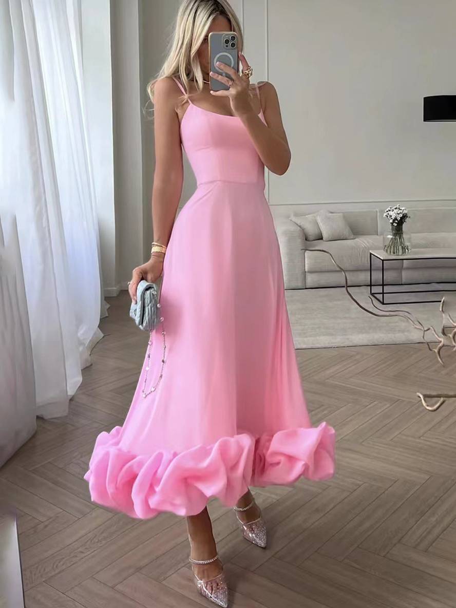 Levoire | Robe Mi-Longue A-Ligne Avec Volants Bustier Avec Fines Bretelles Sans Manches Femme Élégant Doux Cocktail Prom Rosa