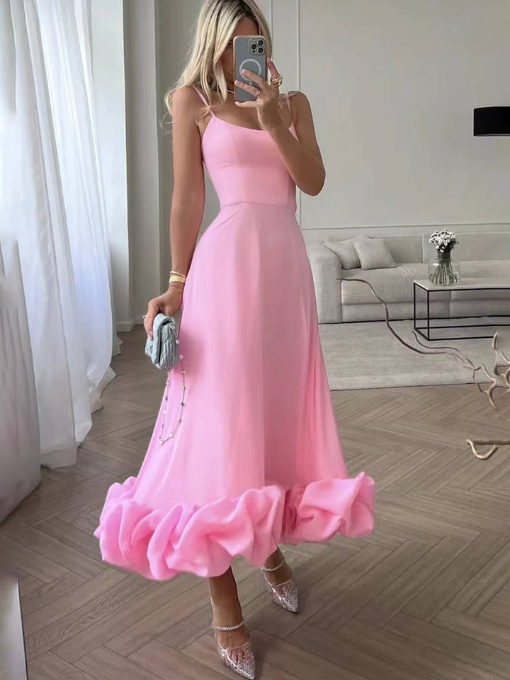 Levoire | Robe Mi-Longue A-Ligne Avec Volants Bustier Avec Fines Bretelles Sans Manches Femme Élégant Doux Cocktail Prom Rosa