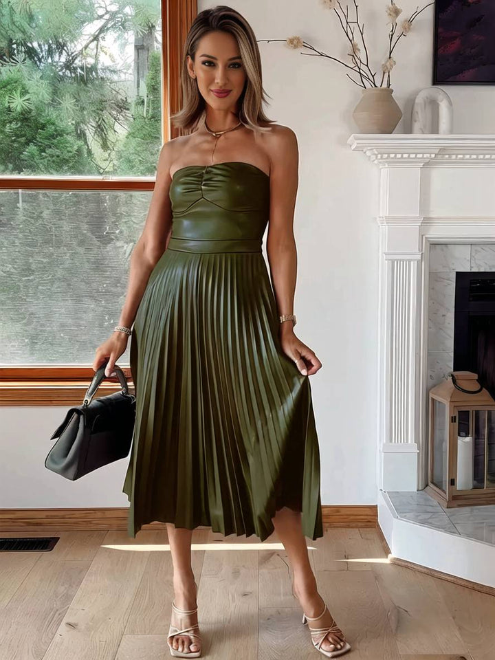 Levoire | Robe Midi Longue En Simili Cuir Plissée Bustier Dos Nu Sans Manches Femme Élégante Décontractée Cocktail Olive