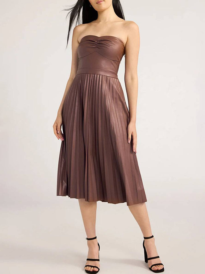 Levoire | Robe Midi Longue En Simili Cuir Plissée Bustier Dos Nu Sans Manches Femme Élégante Décontractée Cocktail