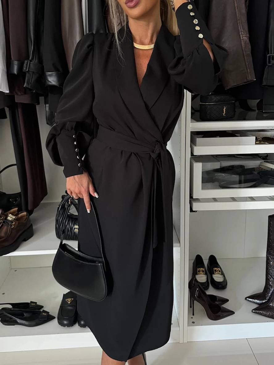 Levoire | Midi-Length Blazer Dress V-Neck Cut Buttons Belt Bishop Sleeves Women Elegant Casual