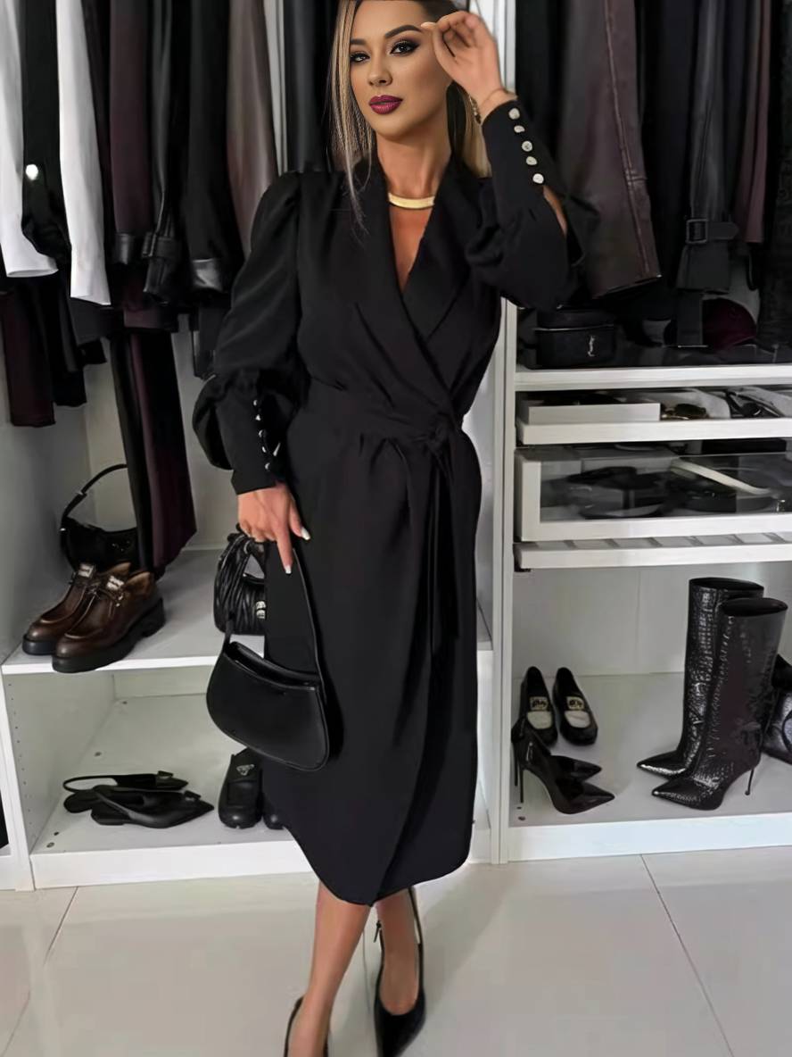 Levoire | Midi-Length Blazer Dress V-Neck Cut Buttons Belt Bishop Sleeves Women Elegant Casual Noir