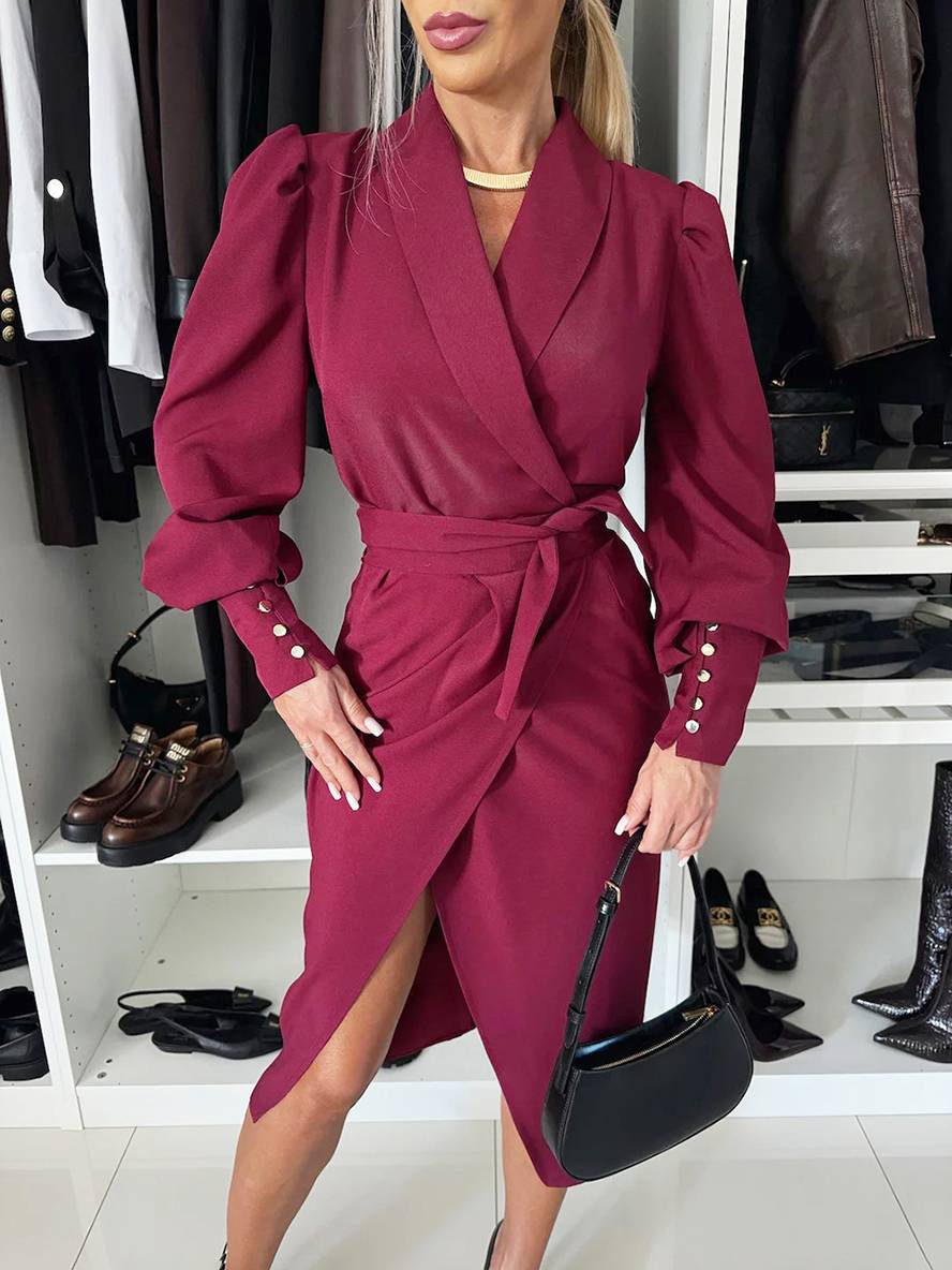 Levoire | Midi-Length Blazer Dress V-Neck Cut Buttons Belt Bishop Sleeves Women Elegant Casual Bordeaux