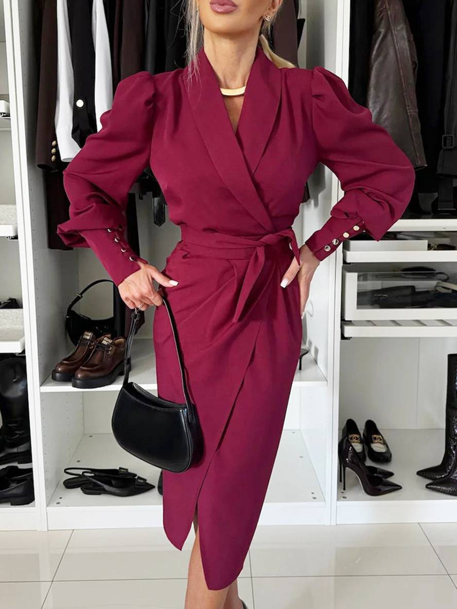Levoire | Midi-Length Blazer Dress V-Neck Cut Buttons Belt Bishop Sleeves Women Elegant Casual