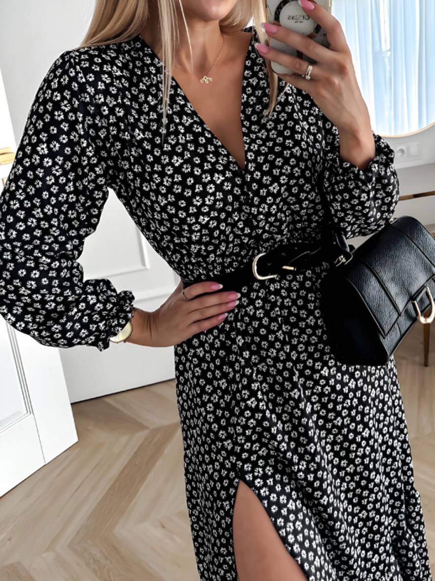 Levoire | Robe Midi Longue Col V Fente Latérale Volants Élégant Femme Loisirs Bal