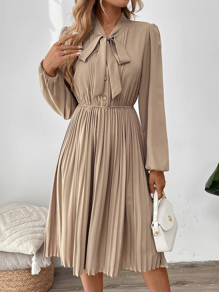 Levoire | Robe Plissée Mi-Longue Avec Nœud Et Fermeture À Bouton, Col Lavallière, Manches Longues, Élégante, Décontractée, Soirée Abricot