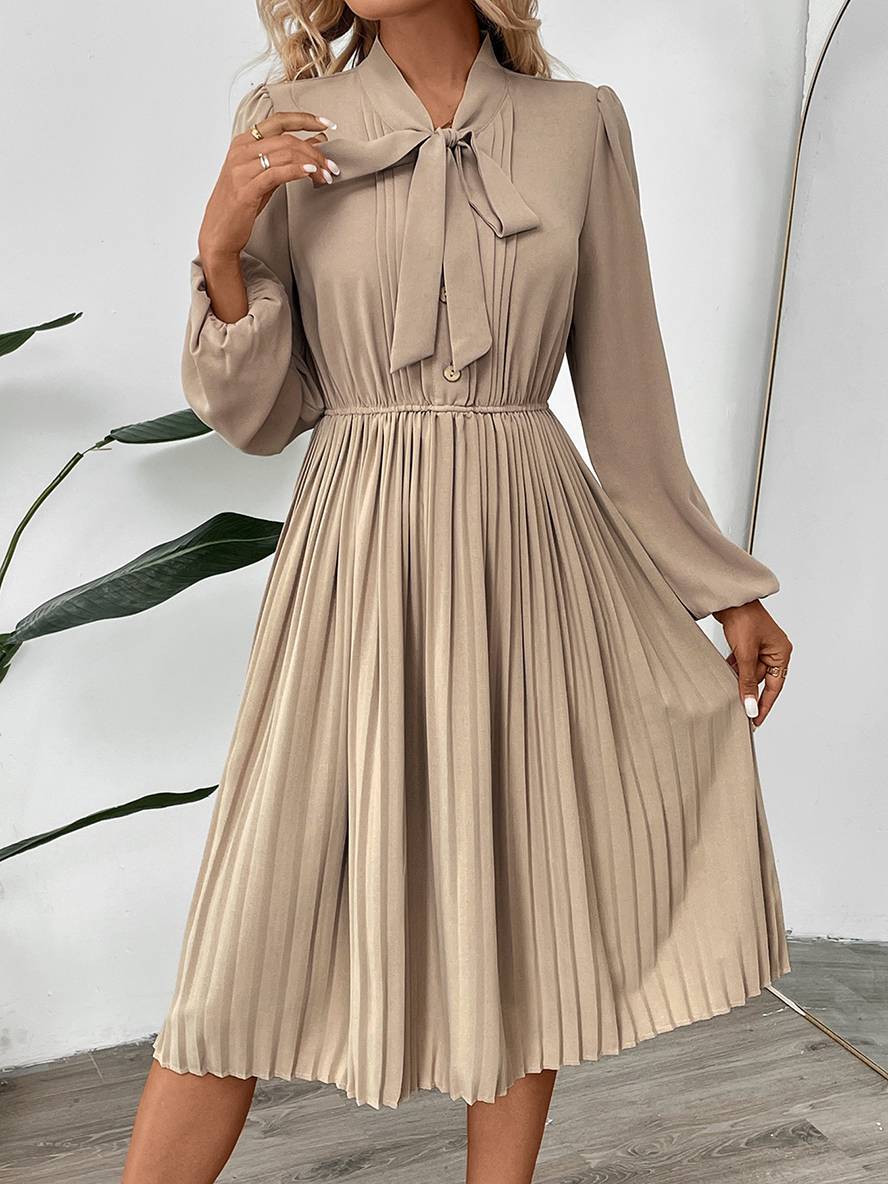 Levoire | Robe Plissée Mi-Longue Avec Nœud Et Fermeture À Bouton, Col Lavallière, Manches Longues, Élégante, Décontractée, Soirée