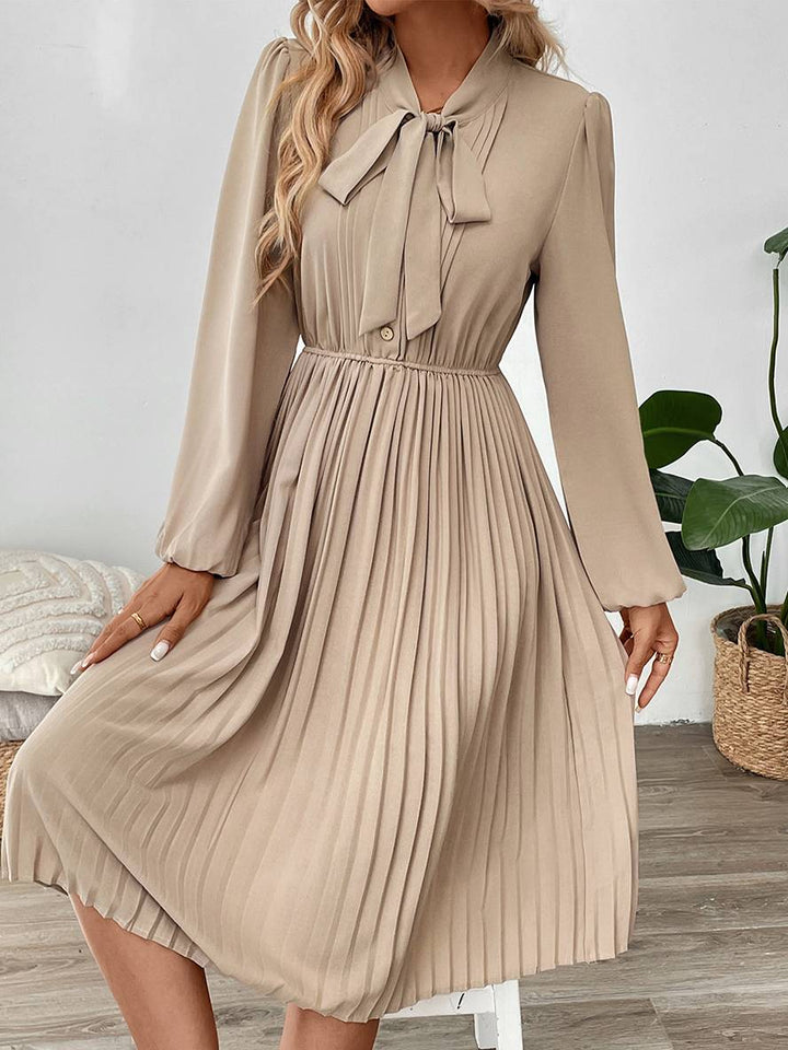 Levoire | Robe Plissée Mi-Longue Avec Nœud Et Fermeture À Bouton, Col Lavallière, Manches Longues, Élégante, Décontractée, Soirée