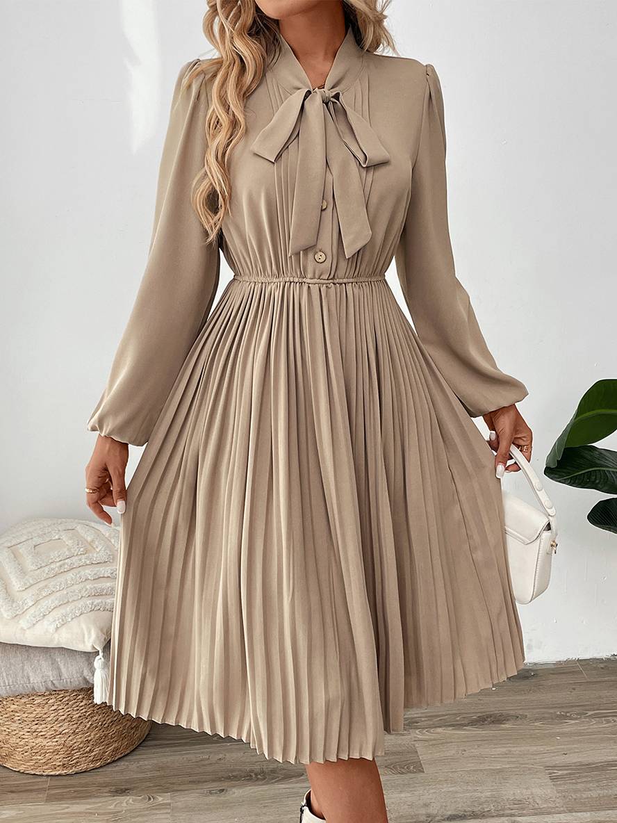 Levoire | Robe Plissée Mi-Longue Avec Nœud Et Fermeture À Bouton, Col Lavallière, Manches Longues, Élégante, Décontractée, Soirée