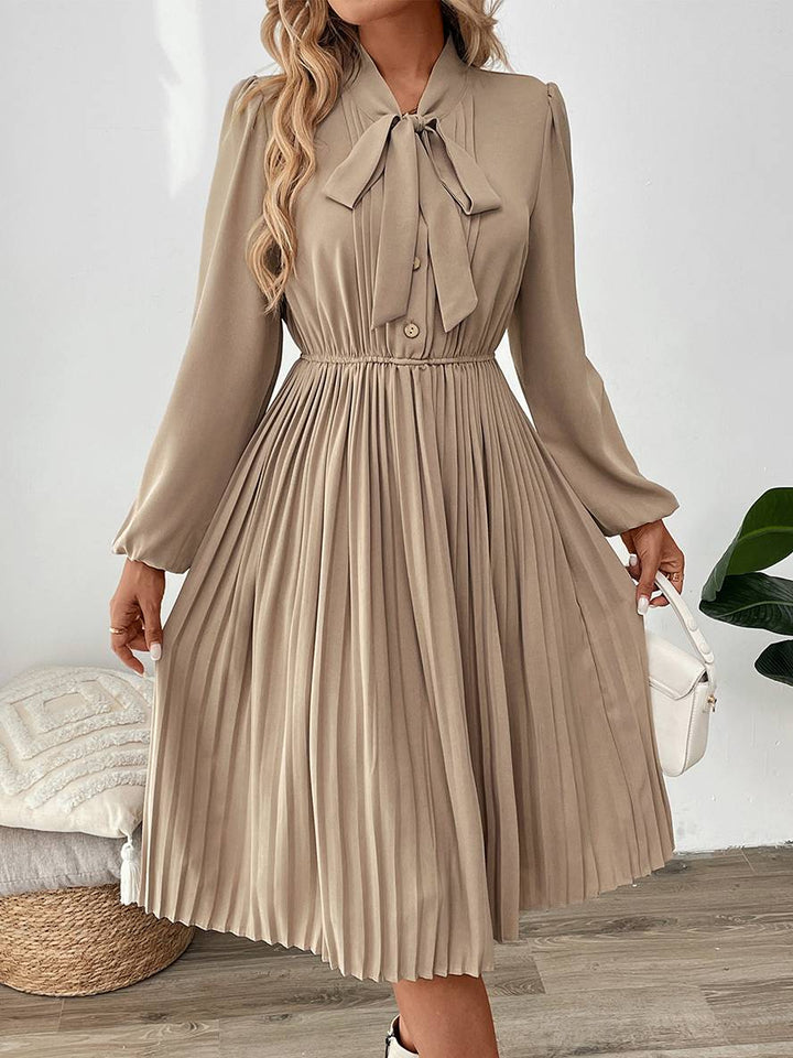 Levoire | Robe Plissée Mi-Longue Avec Nœud Et Fermeture À Bouton, Col Lavallière, Manches Longues, Élégante, Décontractée, Soirée