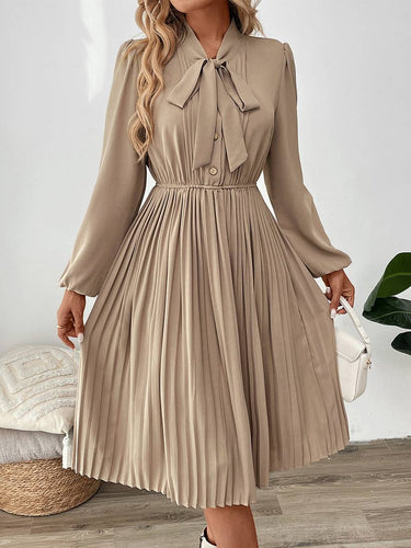 Levoire | Robe Plissée Mi-Longue Avec Nœud Et Fermeture À Bouton, Col Lavallière, Manches Longues, Élégante, Décontractée, Soirée