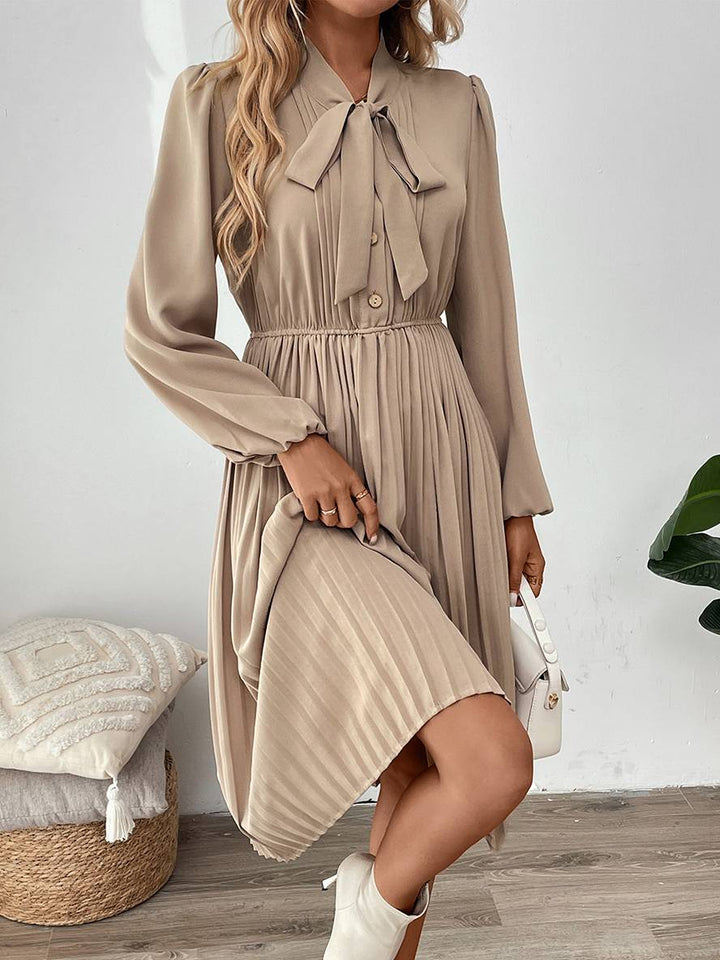 Levoire | Robe Plissée Mi-Longue Avec Nœud Et Fermeture À Bouton, Col Lavallière, Manches Longues, Élégante, Décontractée, Soirée