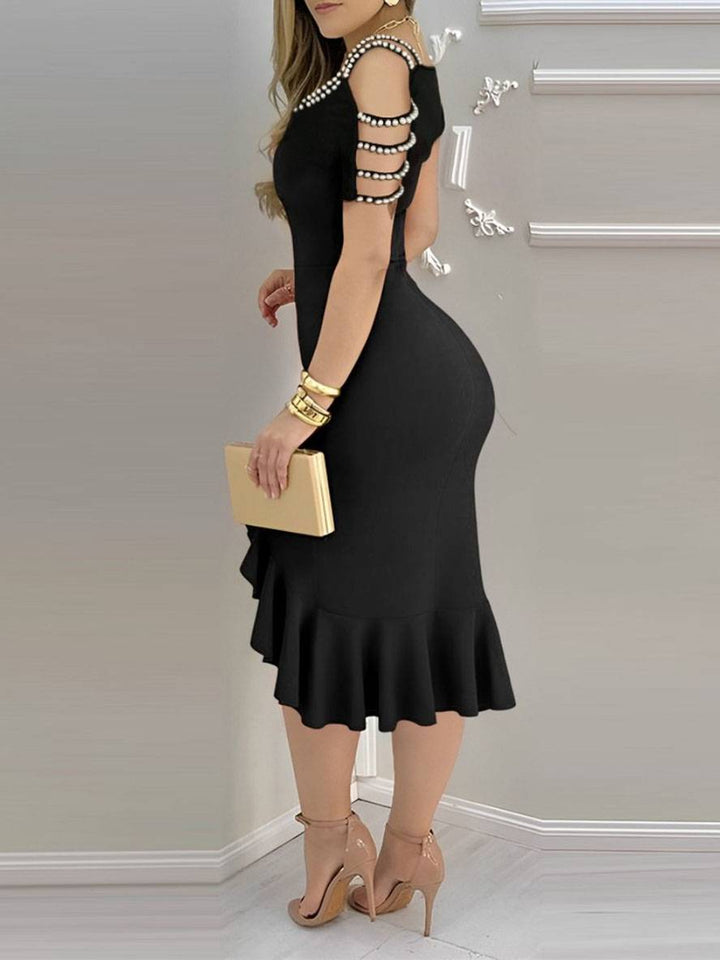 Levoire | Mi-Long Robe Formant Perle Off-Shoulder Fente Côté Volant Élégant Cocktail Mode