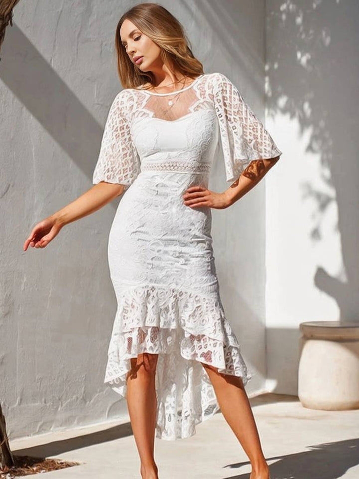 Levoire | Robe Longue En Dentelle Traîne De Sirène Col Rond Manches Cloche Courte Élégante Invitée De Mariage Blanc