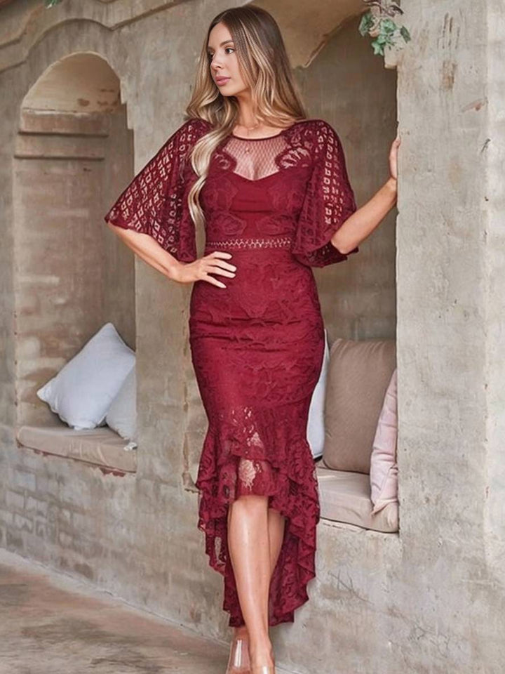 Levoire | Robe Longue En Dentelle Traîne De Sirène Col Rond Manches Cloche Courte Élégante Invitée De Mariage
