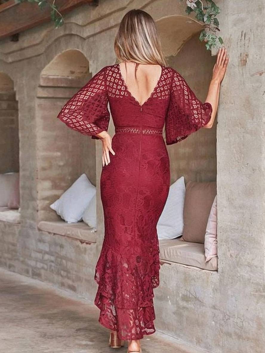Levoire | Robe Longue En Dentelle Traîne De Sirène Col Rond Manches Cloche Courte Élégante Invitée De Mariage