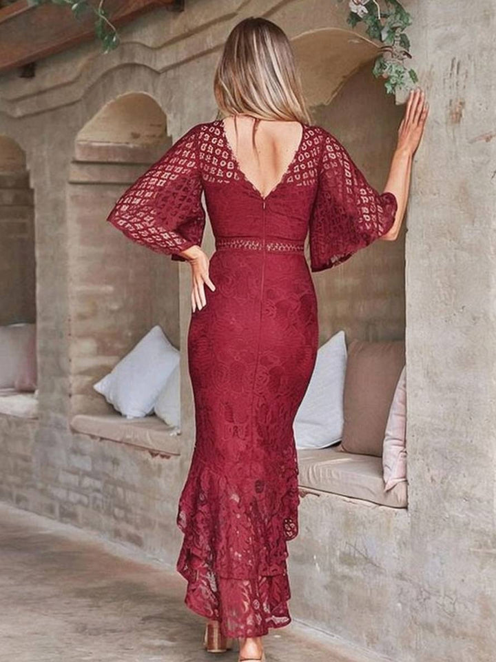 Levoire | Robe Longue En Dentelle Traîne De Sirène Col Rond Manches Cloche Courte Élégante Invitée De Mariage