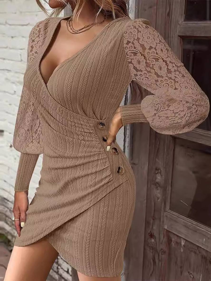 Levoire | Robe Midi Bodycon En Dentelle À Décolleté En V Avec Boutons À Manches Longues Pour Femme, Décontractée, Cocktail Khaki
