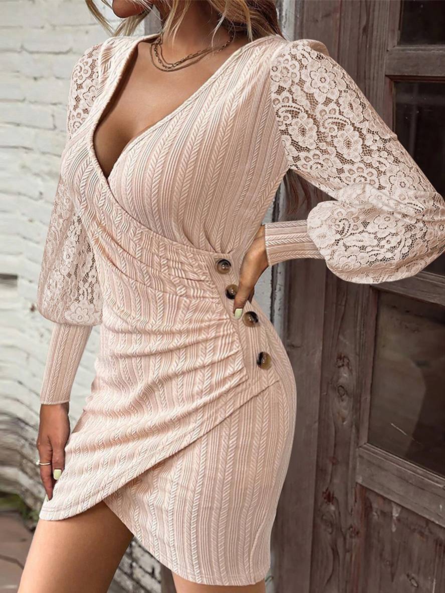 Levoire | Robe Midi Bodycon En Dentelle À Décolleté En V Avec Boutons À Manches Longues Pour Femme, Décontractée, Cocktail Abricot