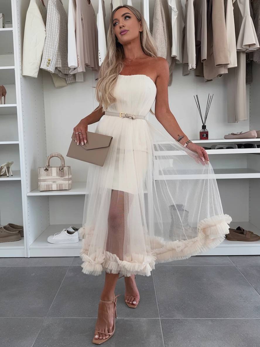 Levoire | Robe Midi Tulle Cintrée Sans Manches Femme Élégante Loisirs Cocktail Anniversaire Bal De Fin D'Année Blanc