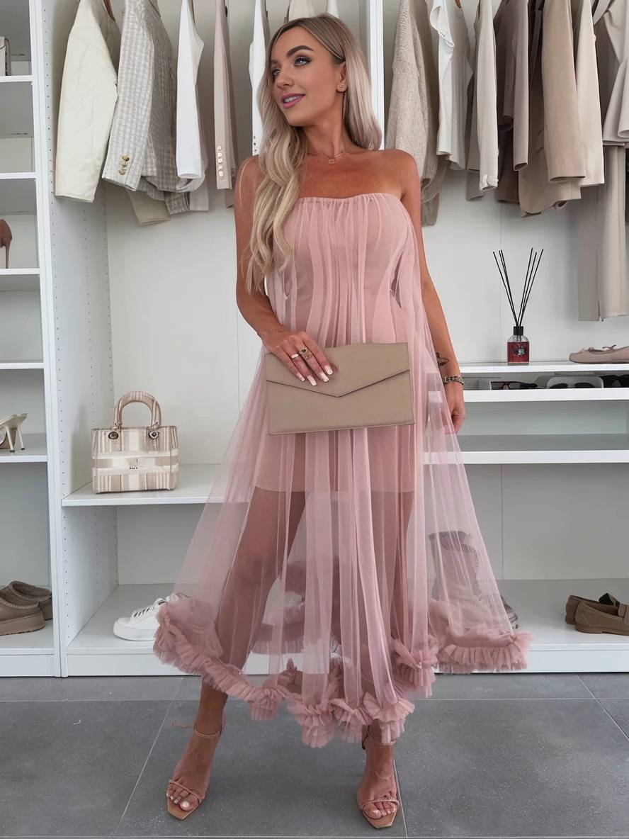 Levoire | Robe Midi Tulle Cintrée Sans Manches Femme Élégante Loisirs Cocktail Anniversaire Bal De Fin D'Année Rosa