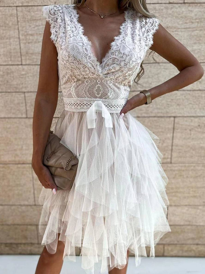 Levoire | Robe Tutu Puff Élégante En Tulle Courte Irregulière Dos Nu Décolleté En V Sans Manches Robe De Cocktail Femme Blanche
