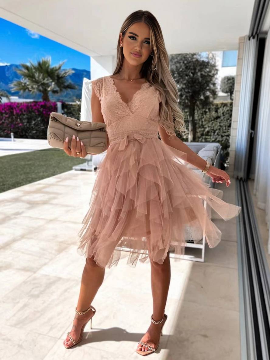 Levoire | Robe Tutu Puff Élégante En Tulle Courte Irregulière Dos Nu Décolleté En V Sans Manches Robe De Cocktail Femme