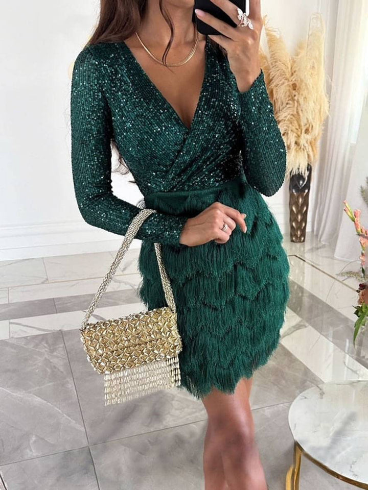 Levoire | V-Découpe Brillant Paillettes Franges Robe Courte Ajustée Manches Longues Femmes Mode De Fête Élégante Vert