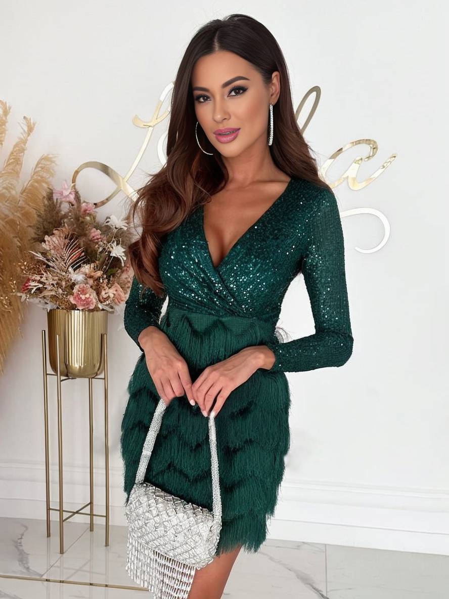 Levoire | V-Découpe Brillant Paillettes Franges Robe Courte Ajustée Manches Longues Femmes Mode De Fête Élégante