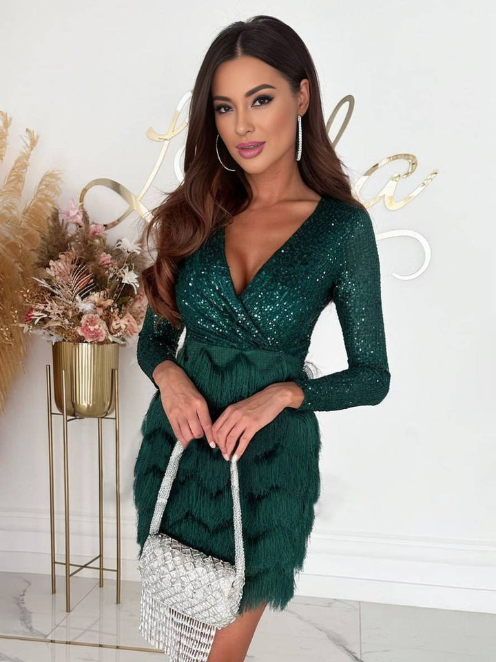 Levoire | V-Découpe Brillant Paillettes Franges Robe Courte Ajustée Manches Longues Femmes Mode De Fête Élégante