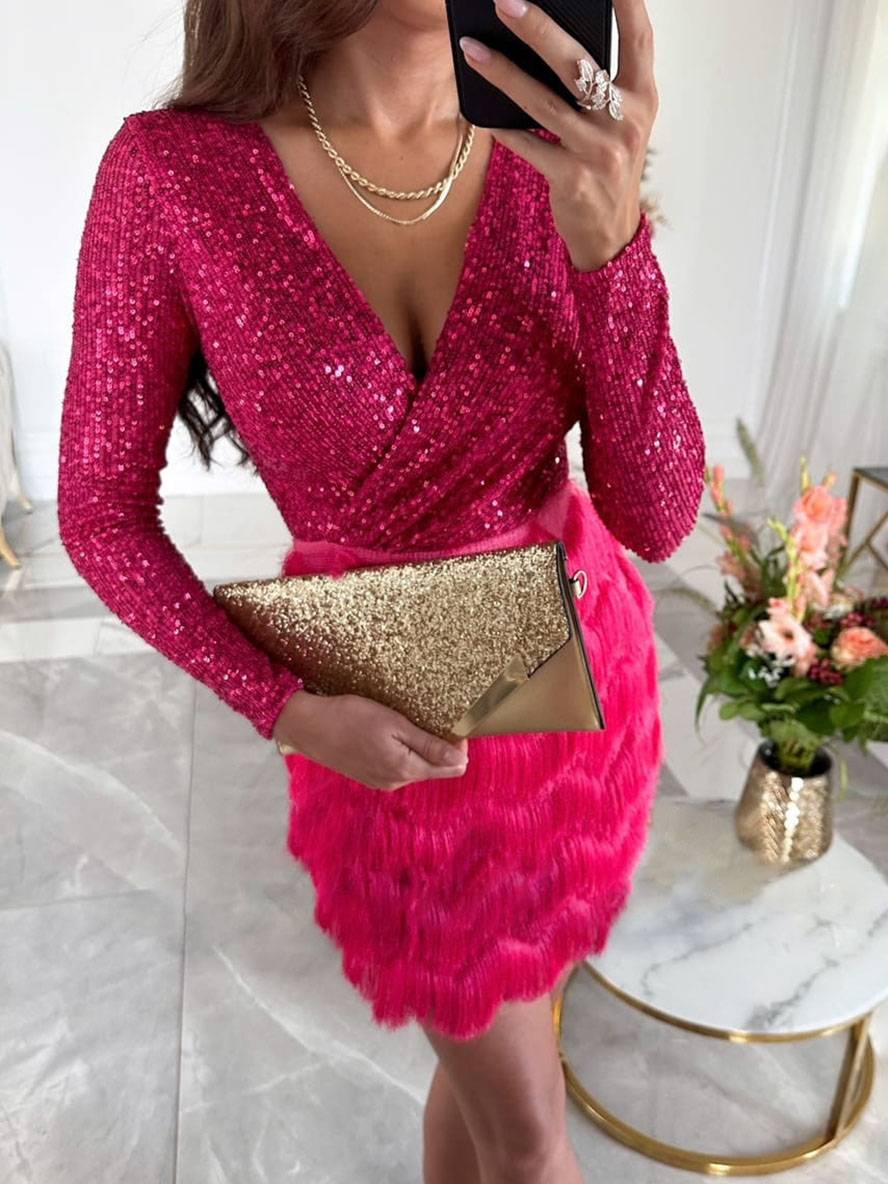 Levoire | V-Découpe Brillant Paillettes Franges Robe Courte Ajustée Manches Longues Femmes Mode De Fête Élégante Framboise