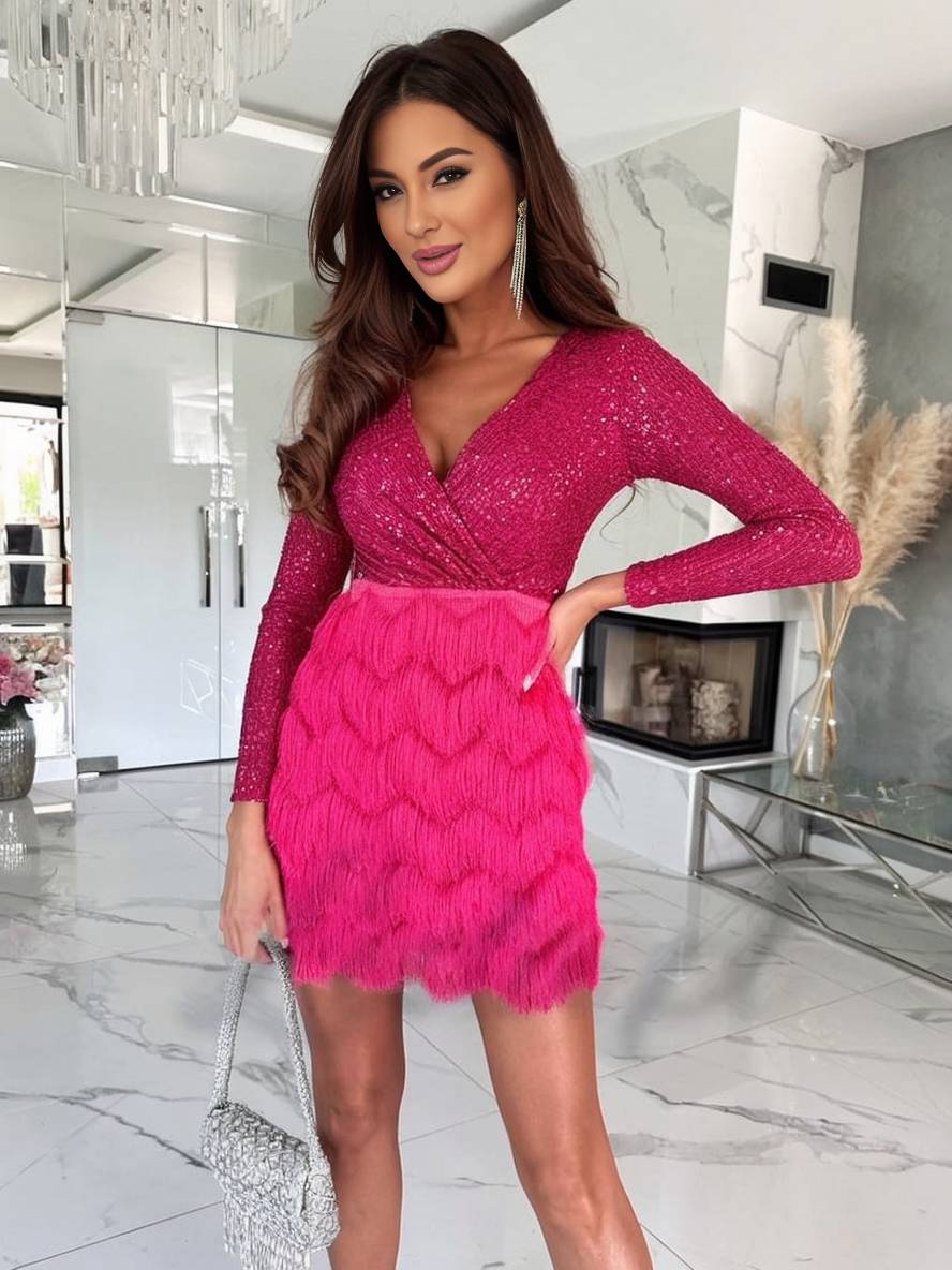 Levoire | V-Découpe Brillant Paillettes Franges Robe Courte Ajustée Manches Longues Femmes Mode De Fête Élégante