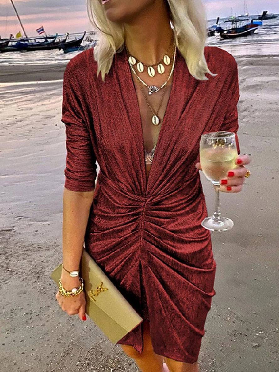 Levoire | Robe Courte Unicolore Cintrée Avec Décolleté Plongeant À Manches Longues Pour Femmes Mode Cocktail
