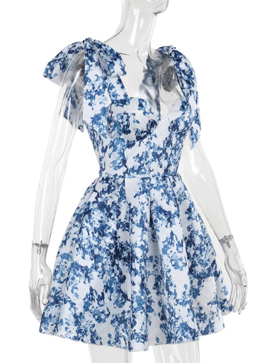 Levoire | Robe Courte Motif Floral Nœud Sans Manches Femme Élégante Vintage Cocktail