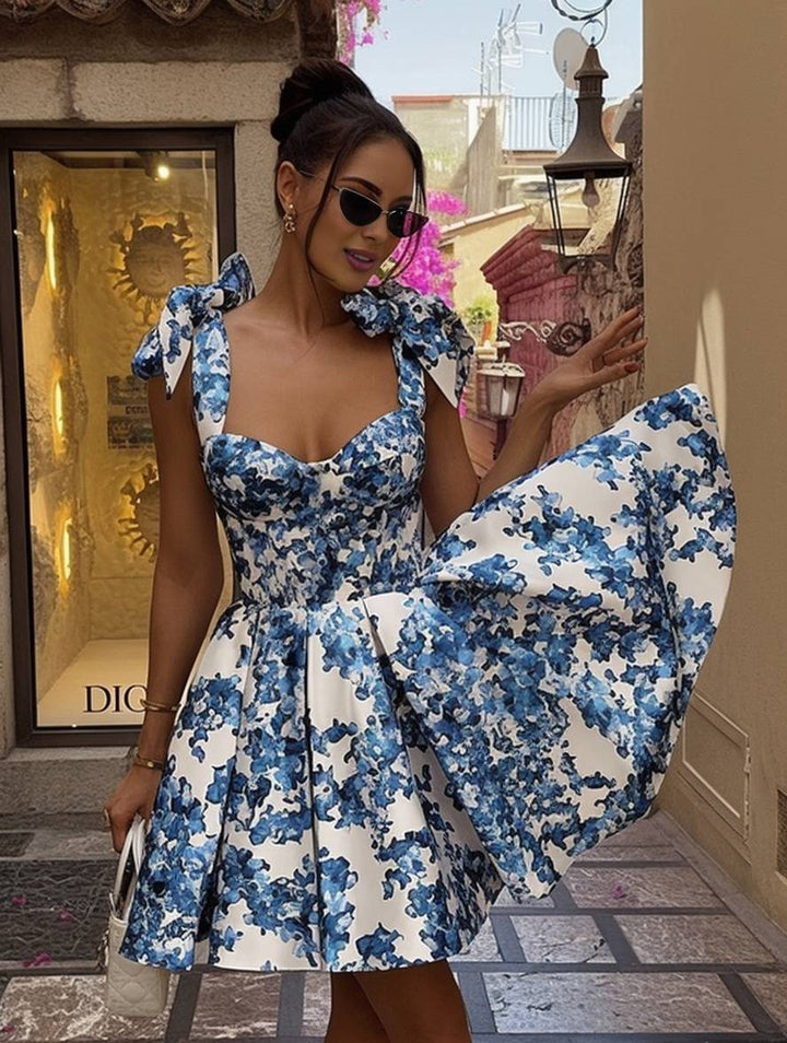 Levoire | Robe Courte Motif Floral Nœud Sans Manches Femme Élégante Vintage Cocktail
