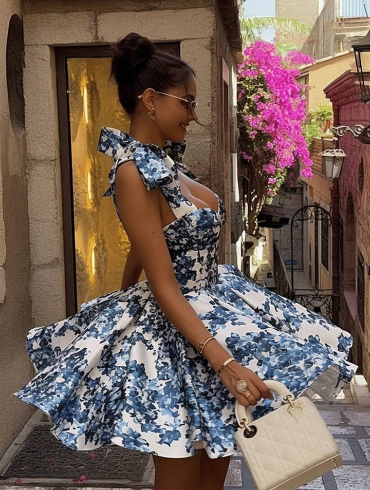 Levoire | Robe Courte Motif Floral Nœud Sans Manches Femme Élégante Vintage Cocktail