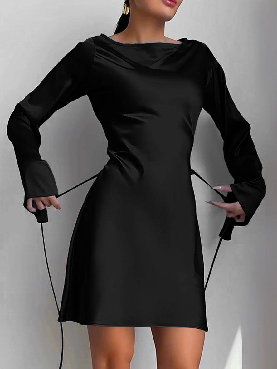 Levoire | Robe Trapèze Courte En Satin Avec Ceinture Encolure Ronde Manches Trompettes Manches Longues Élégante Décontractée Robe De Cocktail Noir