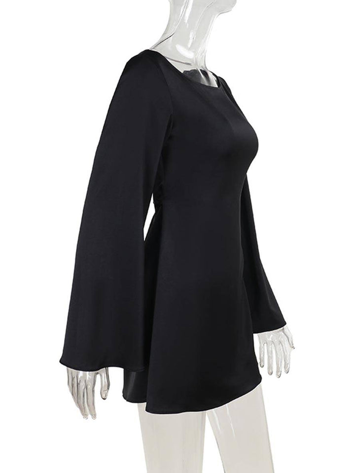 Levoire | Robe Trapèze Courte En Satin Avec Ceinture Encolure Ronde Manches Trompettes Manches Longues Élégante Décontractée Robe De Cocktail