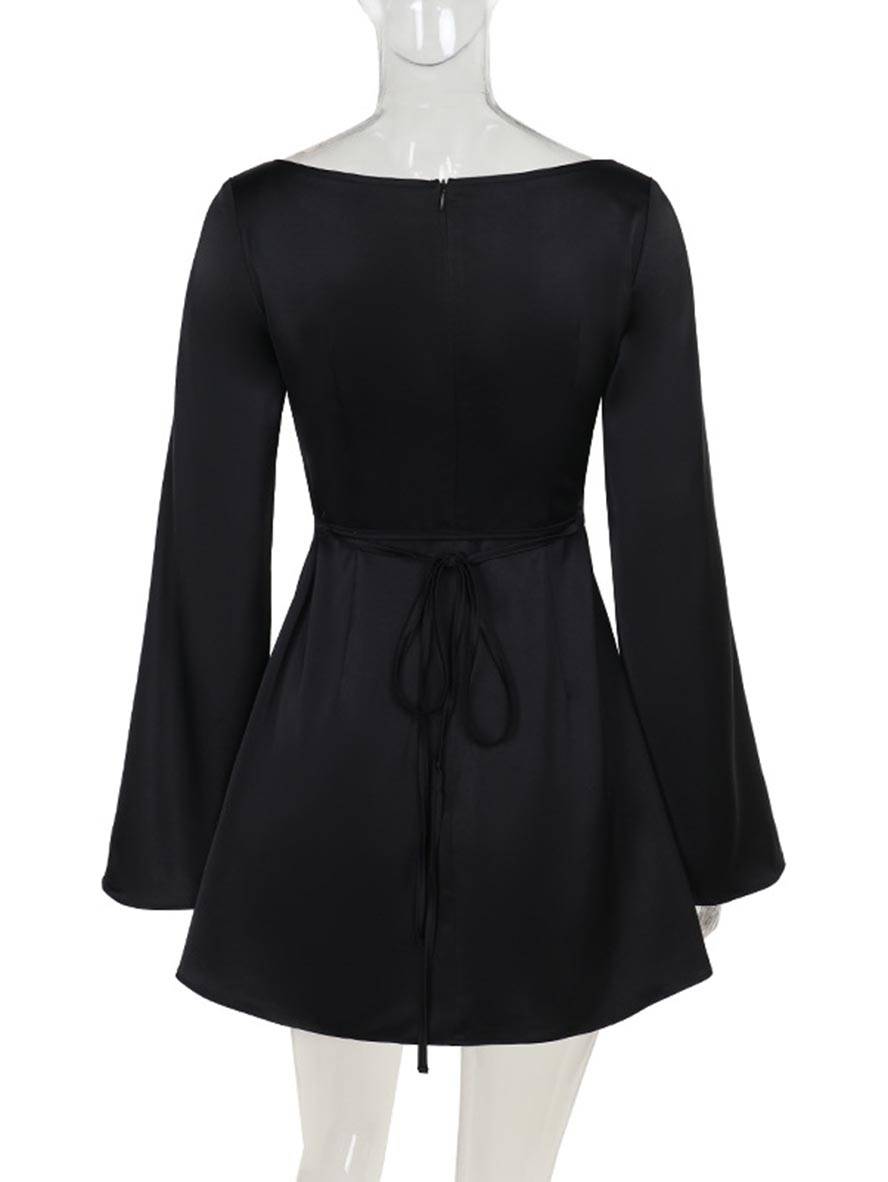 Levoire | Robe Trapèze Courte En Satin Avec Ceinture Encolure Ronde Manches Trompettes Manches Longues Élégante Décontractée Robe De Cocktail