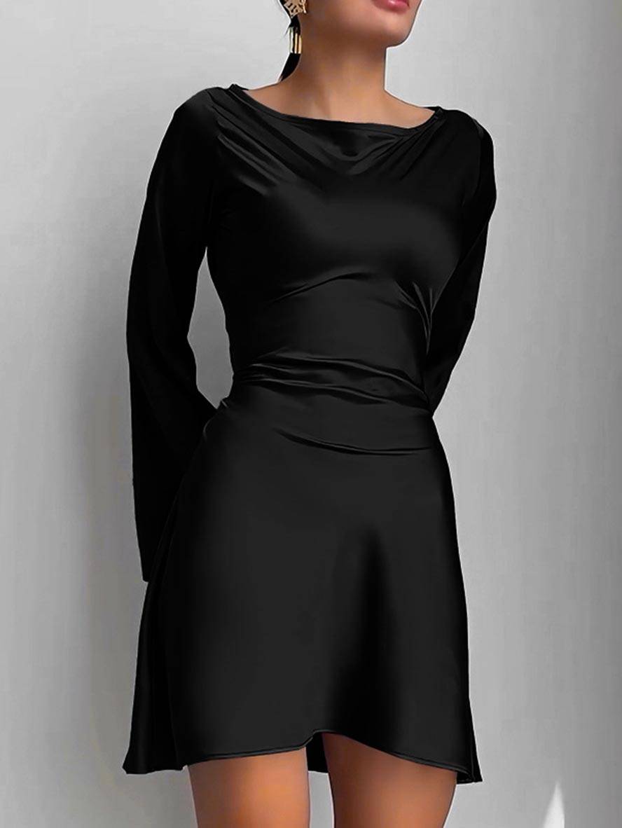Levoire | Robe Trapèze Courte En Satin Avec Ceinture Encolure Ronde Manches Trompettes Manches Longues Élégante Décontractée Robe De Cocktail