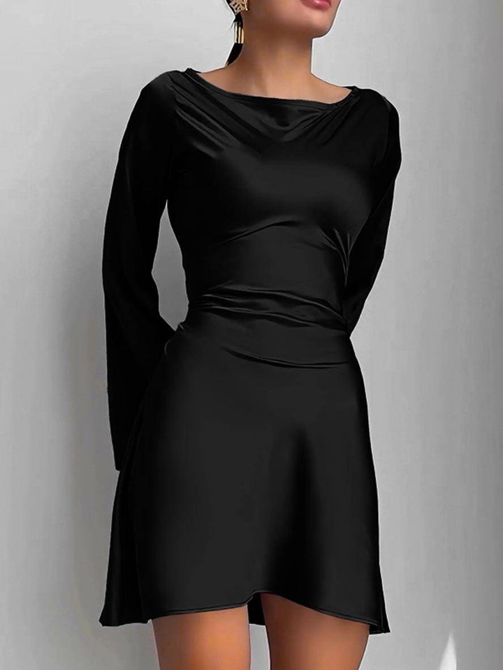 Levoire | Robe Trapèze Courte En Satin Avec Ceinture Encolure Ronde Manches Trompettes Manches Longues Élégante Décontractée Robe De Cocktail