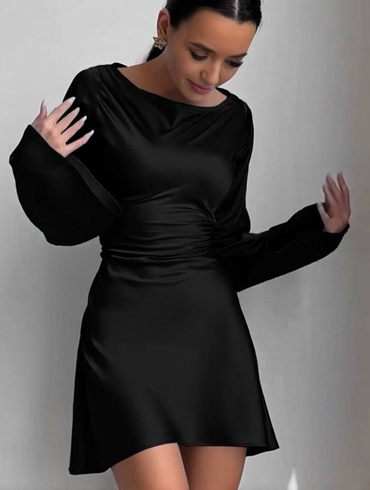 Levoire | Robe Trapèze Courte En Satin Avec Ceinture Encolure Ronde Manches Trompettes Manches Longues Élégante Décontractée Robe De Cocktail
